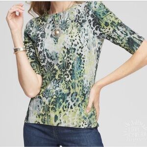 Chico's Green and Black Patterned Short Sleeve Top
